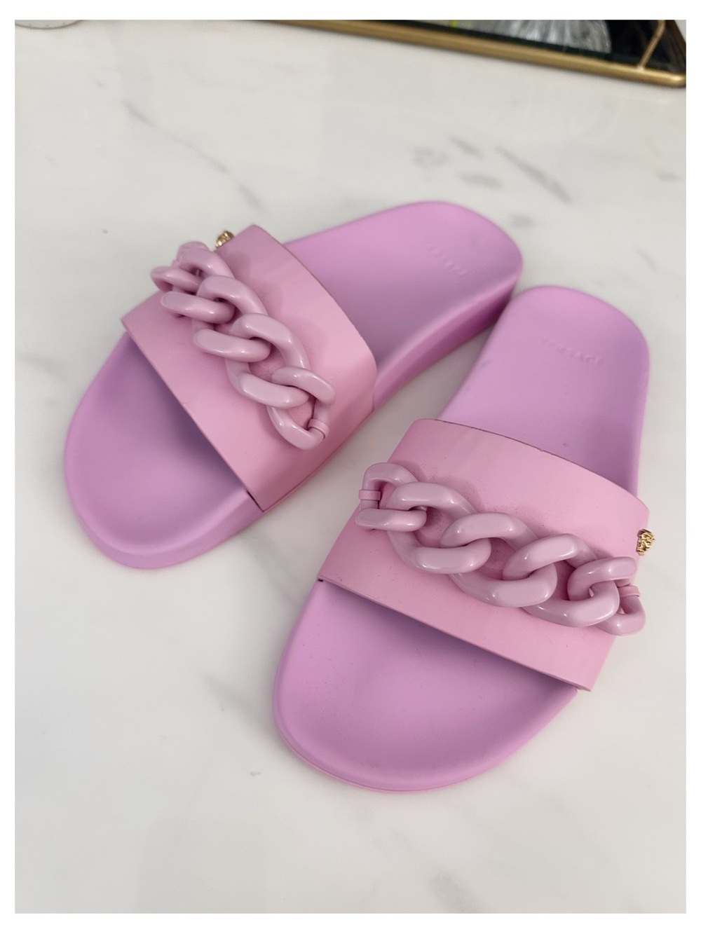 Authentic Versace Pink Medusa Chain Leather Slide Sandals Size 39 Perfect Cond